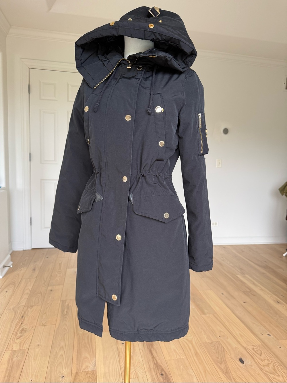 Michael Kors Black Hooded Trench Coat with Gold Hardware